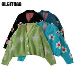 2020 Spring College Style Flower Print Knitted Doat Loose Retro V-neck Cute Light Green Sweater Cardigan Blouse Short Section