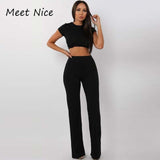 2 Two Piece Set Women Ribbed O Neck Crop Top and Long Pants Set Sexy Autumn Short Sleeve Tracksuit Women Conjunto Feminino 2020