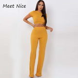 2 Two Piece Set Women Ribbed O Neck Crop Top and Long Pants Set Sexy Autumn Short Sleeve Tracksuit Women Conjunto Feminino 2020