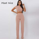 2 Two Piece Set Women Ribbed O Neck Crop Top and Long Pants Set Sexy Autumn Short Sleeve Tracksuit Women Conjunto Feminino 2020