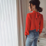 Women Office Lady Back Bow Bandage Blouse Long Sleeve Stand Collar Solid Elegant Casual Shirts 2020 Autumn New Fashion Blouse