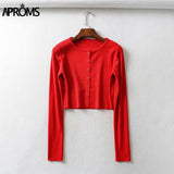 Aproms Candy Color Ribbed Knitted Cardigan Women Autumn Winter Long Sleeve Basic Cropped Sweaters Female Casual Short Jumper Top