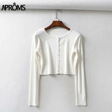 Aproms Candy Color Ribbed Knitted Cardigan Women Autumn Winter Long Sleeve Basic Cropped Sweaters Female Casual Short Jumper Top