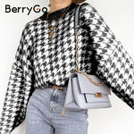 BerryGo women geometric khaki knitted sweater women casual Houndstooth lady pullover sweater female Autumn winter retro jumper