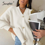 Simplee Casual long knitted cardigan women autumn winter yellow cardigan lantern sleeve loose female button knitwear sweaters