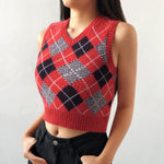 HEYounGIRL V Neck Vintage Argyle Sweater Vest Women Y2K Black Sleeveless Plaid Knitted Crop Sweaters Casual Autumn Preppy Style