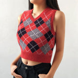 HEYounGIRL V Neck Vintage Argyle Sweater Vest Women Y2K Black Sleeveless Plaid Knitted Crop Sweaters Casual Autumn Preppy Style