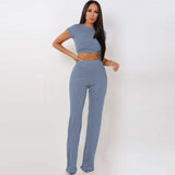 2 Two Piece Set Women Ribbed O Neck Crop Top and Long Pants Set Sexy Autumn Short Sleeve Tracksuit Women Conjunto Feminino 2020