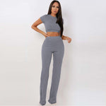 2 Two Piece Set Women Ribbed O Neck Crop Top and Long Pants Set Sexy Autumn Short Sleeve Tracksuit Women Conjunto Feminino 2020