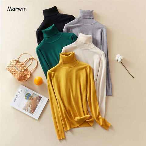 Marwin 2020 New-Coming Autumn Winter Solid Turn-Down Collar Pullovers Female Thick Turtleneck Knitted High Street  Women Sweater