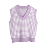 Chu Sau beauty 2020 New Loose Oversized Knitted Sweater Vest Women Casual V-neck Plaid Sleeveless Sweaters Women Chic Tops